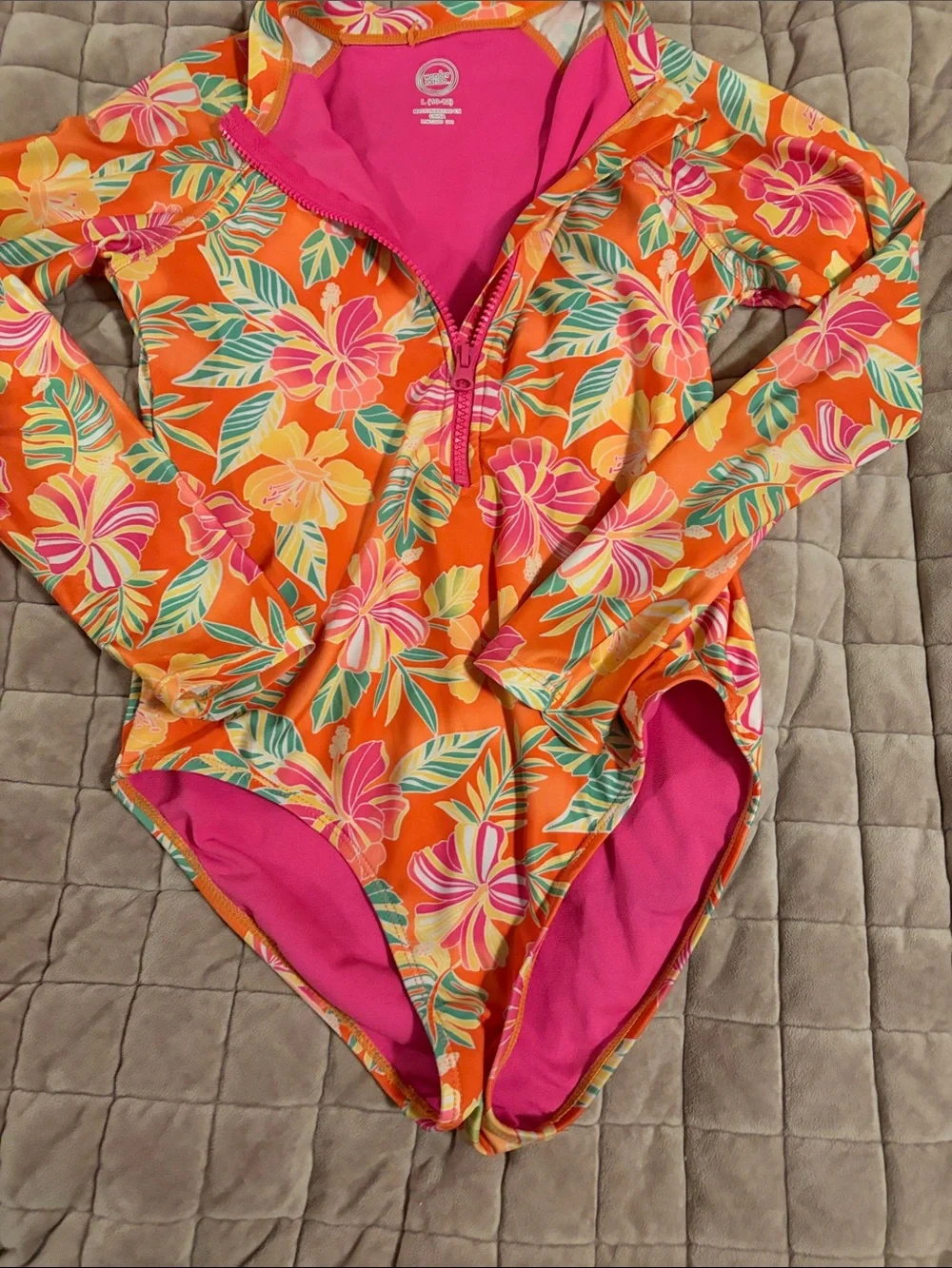 Kids Orange Floral Long-Sleeve Swim One-Piece Size L (10/12)